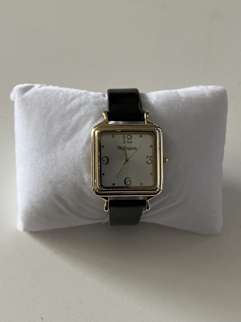 Style & Co Women’s Watch Gold Tone Square Case Black Strap Quartz Analog Classic
